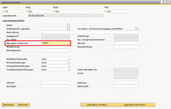SAP Business One Lagerplatz-Stammdaten