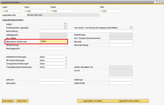 SAP Business One Lagerplatz-Stammdaten