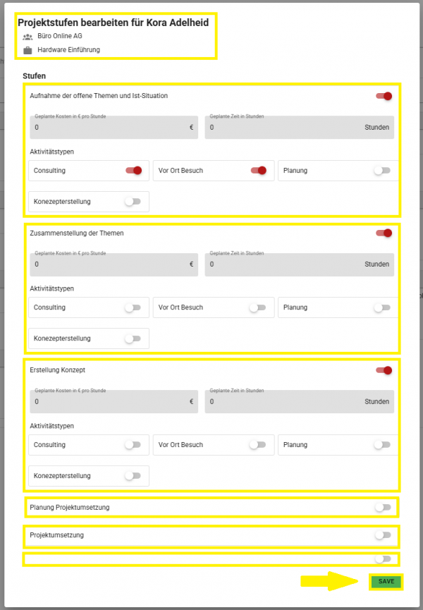 Detailansicht: Projektstufen bearbeiten Detailansicht: Projektstufen bearbeiten