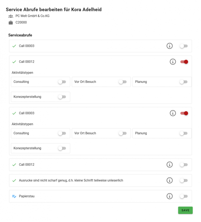 Detailansicht: Serviceabrufe bearbeiten Detailansicht: Serviceabrufe bearbeiten